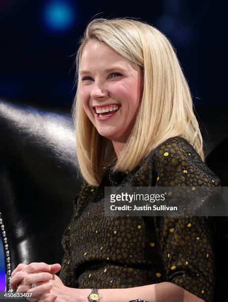 Yahoo CEO Marissa Mayer speaks during a conversation with Salesforce chairman and CEO Marc Benioff at the 2013 Dreamforce conference on November 19,...