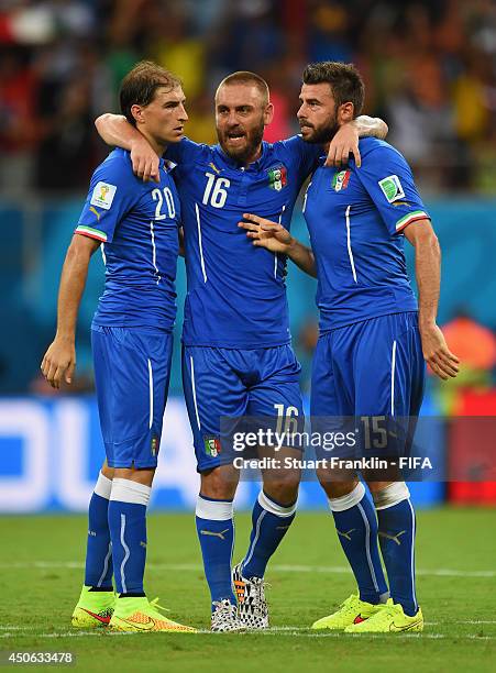 Gabriel Paletta of Italy, Daniele De Rossi of Italy and Andrea Barzagli of Italy celebrate during the 2014 FIFA World Cup Brazil Group D match...