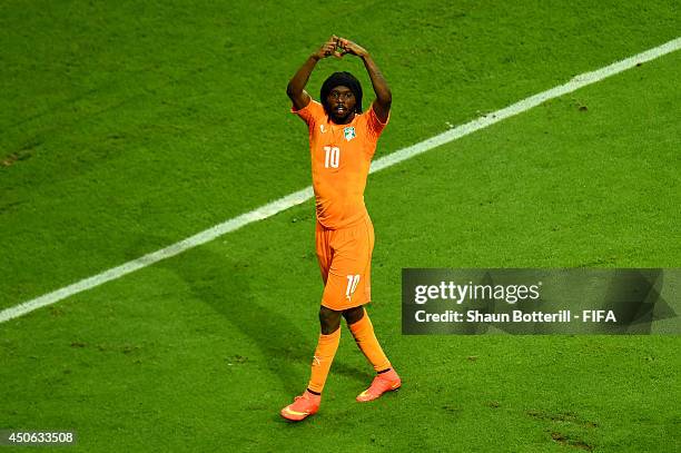 Gervinho of the Ivory Coast celebrates after scoring the team's second goal during the 2014 FIFA World Cup Brazil Group C match between Cote D'Ivoire...