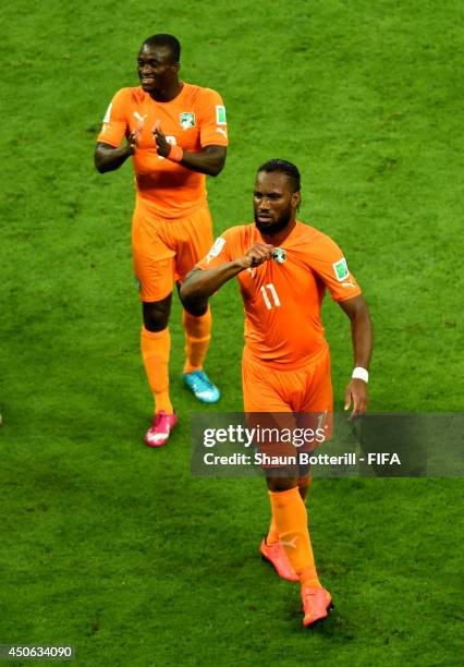 Didier Drogba of the Ivory Coast celebrates after the 2014 FIFA World Cup Brazil Group C match between Cote D'Ivoire and Japan at Arena Pernambuco on...