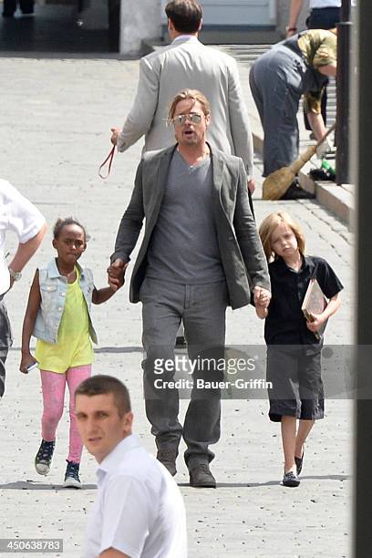 June 21: Brad Pitt seen at the Kremlin with his daughters Zahara Pitt and Shiloh Pitt on June 21, 2013 in Moscow, Russia.