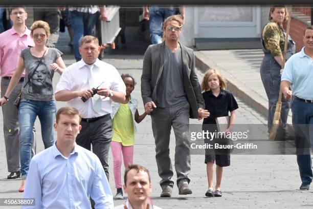 June 21: Brad Pitt seen at the Kremlin with his daughters Zahara Pitt and Shiloh Pitt on June 21, 2013 in Moscow, Russia.