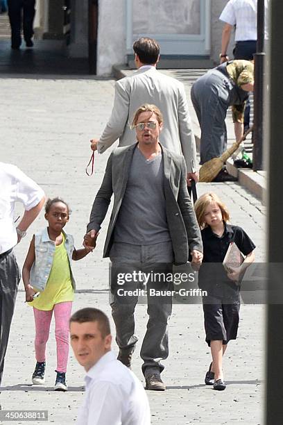 June 21: Brad Pitt seen at the Kremlin with his daughters Zahara Pitt and Shiloh Pitt on June 21, 2013 in Moscow, Russia.