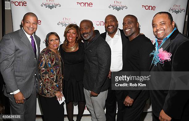 Alfred Liggins, Cathy Hughes, guest, BeBe Winans, Marvin Winans, Carvin Winans and Roland Martin attend TV One's One Christmas Holiday Variety...