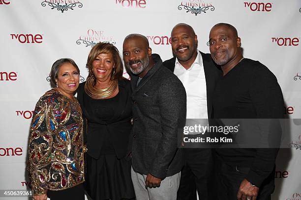 Cathy Hughes, guest, BeBe Winans, Marvin Winans and Carvin Winans attend TV One's One Christmas Holiday Variety Special on November 19, 2013 in...