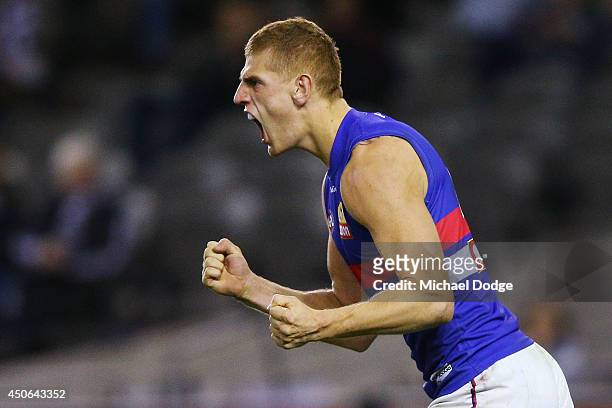 Liam Jones of the Bulldogs celebrates a goal during the round 13 AFL match between the Collingwood Magpies and the Western Bulldogs at Etihad Stadium...