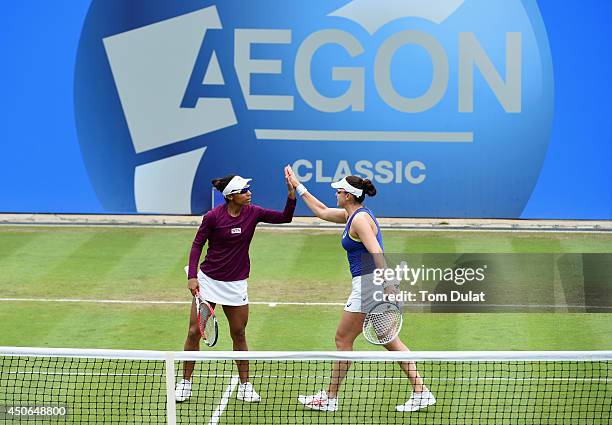 Raquel Kops-Jones and Abigail Spears of the United States celebrate during the Doubles Final during Day Seven of the Aegon Classic at Edgbaston...