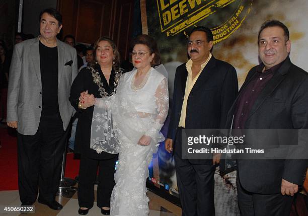 Bollywood actor Randhir Kapoor, Reema Jain, Krishna Raj Kapoor, Manoj Jain and actor Rajiv Kapoor during the music launch of the movie Lekar Hum...