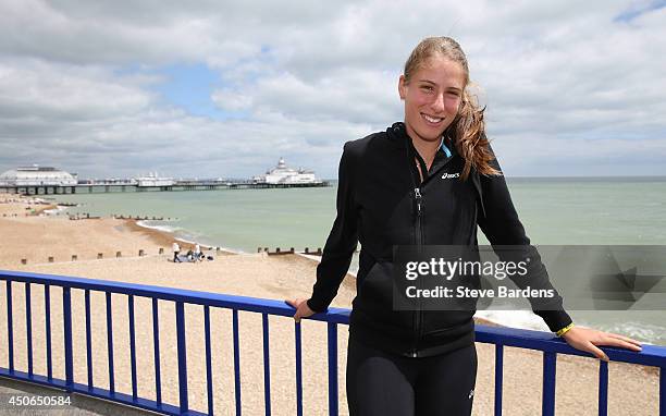 Johanna Konta of Great Britain poses on the seafront in Eastbourne during a photocall on day two of the Aegon International at Devonshire Park on...