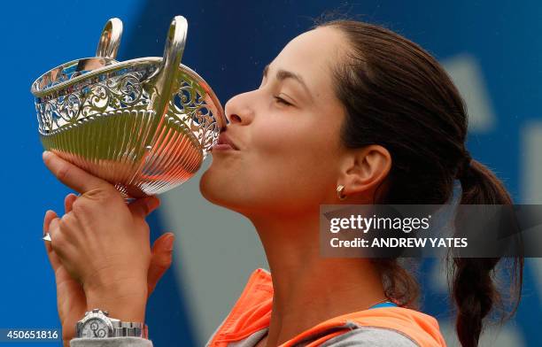 Ana Ivanovic of Serbia kisses the Maud Watson trophy after beating Barbora Zahlavova Strycova of Czech Republic in the final of the WTA AEGON Classic...