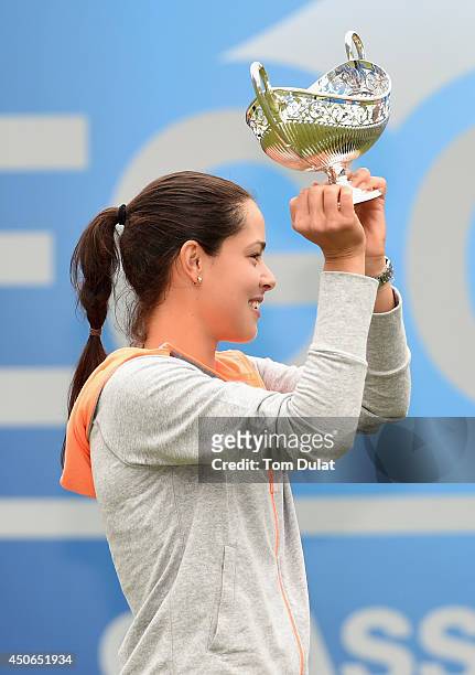 Ana Ivanovic of Serbia poses with the trophy following her victory in the Singles Final during Day Seven of the Aegon Classic at Edgbaston Priory...