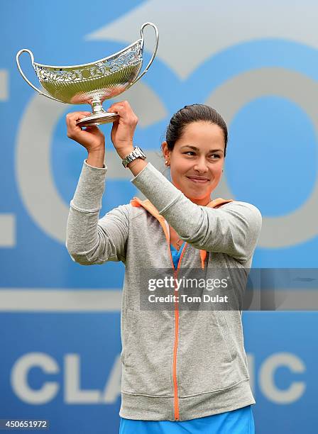 Ana Ivanovic of Serbia poses with the trophy following her victory in the Singles Final during Day Seven of the Aegon Classic at Edgbaston Priory...