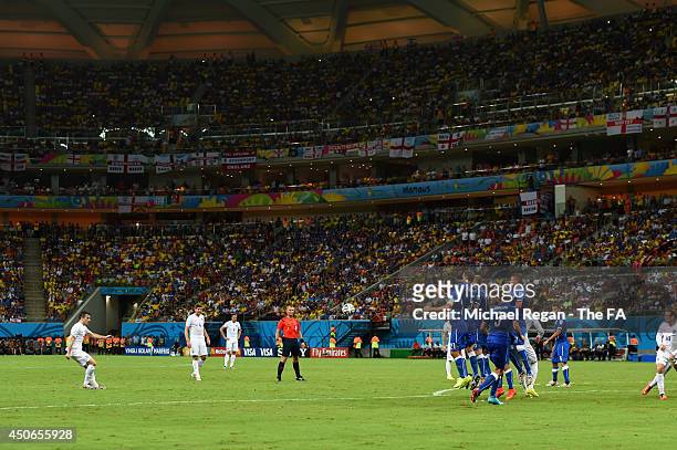 Leighton Baines of England takes a free kick during the 2014 FIFA World Cup Brazil Group D match between England and Italy at Arena Amazonia on June...