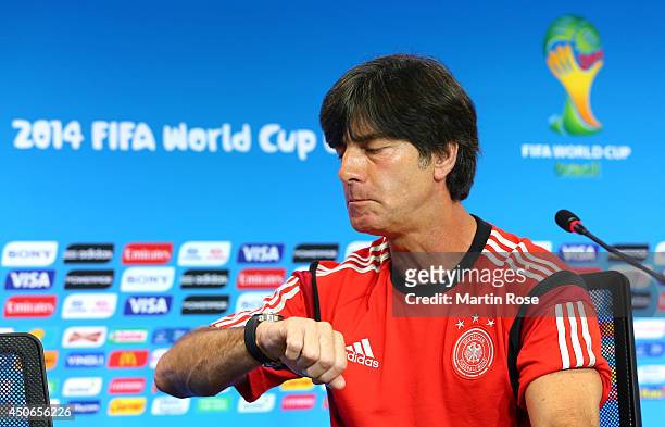 Head coach Joachim Loew talks to themedia ahead of the 2014 FIFA World Cup Group G match between Germany and Portugal held at the Arena Fonte Nova on...