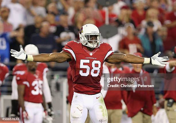 Inside linebacker Daryl Washington of the Arizona Cardinals reacts during the NFL game against the Seattle Seahawks at the University of Phoenix...
