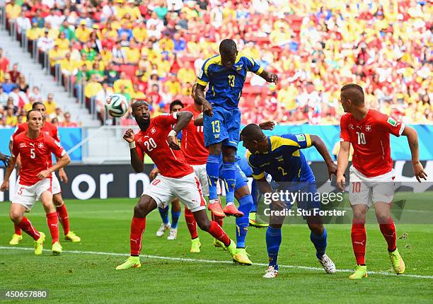 Enner Valencia of Ecuador scores his team's first goal on a header during the 2014 FIFA World Cup Brazil Group E match between Switzerland and...