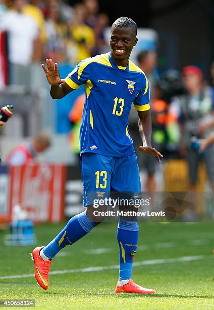 Enner Valencia of Ecuador celebrates scoring his team's first goal during the 2014 FIFA World Cup Brazil Group E match between Switzerland and...