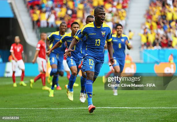 Enner Valencia of Ecuador celebrates after scoring a goal during the 2014 FIFA World Cup Brazil Group E match between Switzerland and Ecuador at...