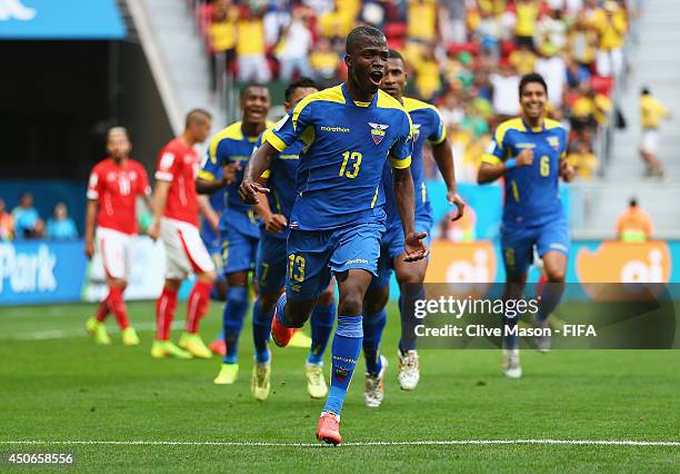 Enner Valencia of Ecuador celebrates after scoring a goal during the 2014 FIFA World Cup Brazil Group E match between Switzerland and Ecuador at...