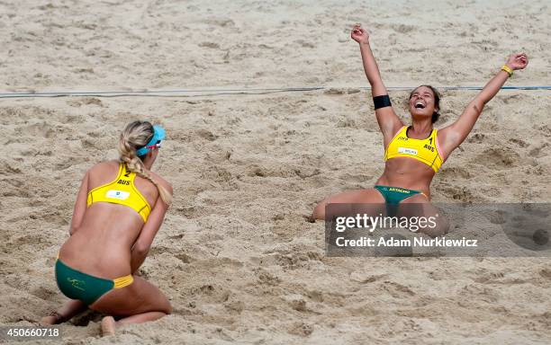 Mariafe Artacho and Nicole Laird from Australia celebrate their victory and gold medal medal in women's final during FIVB Under 23 World...