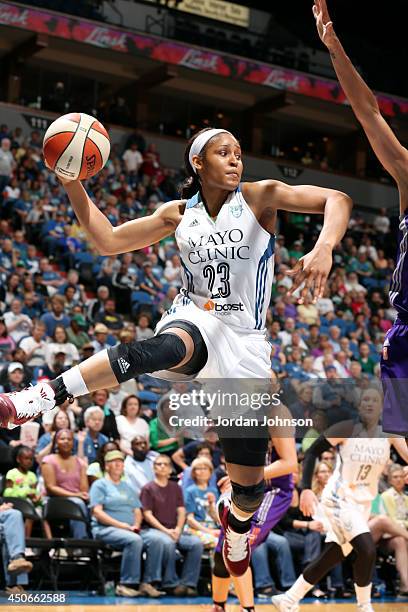 Maya Moore of the Minnesota Lynx passes the ball against the Phoenix Mercury on JUNE 15, 2014 at Target Center in Minneapolis, Minnesota. NOTE TO...