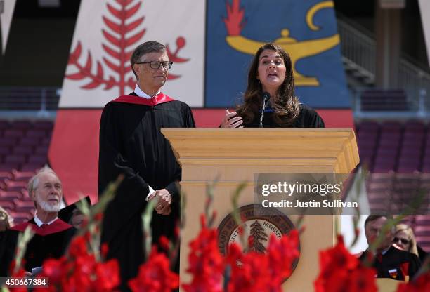 Microsoft founder and chairman Bill Gates looks on as his wife, Melinda Gates speaks during the 123rd Stanford commencement ceremony June 15, 2014 in...