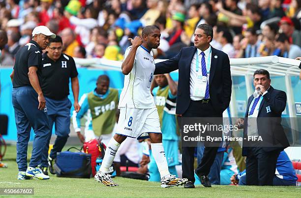 Wilson Palacios of Honduras is sent off during the 2014 FIFA World Cup Brazil Group E match between France and Honduras at Estadio Beira-Rio on June...