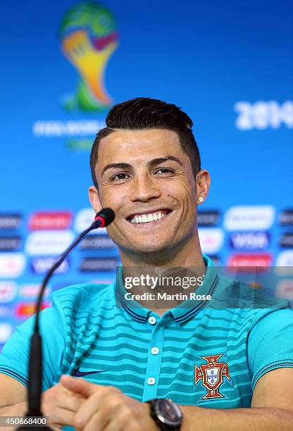 Cristiano Ronaldo talks to the media during the Portugal press conference ahead of the 2014 FIFA World Cup Group G match between Germany and Portugal...