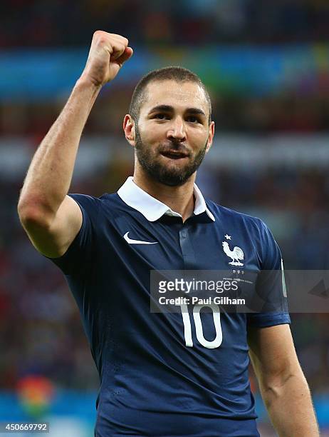 Karim Benzema of France celebrates after scoring his team's third goal during the 2014 FIFA World Cup Brazil Group E match between France and...
