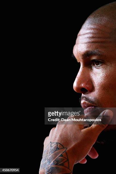 Nigel de Jong speaks to the media during the Netherlands training session at the 2014 FIFA World Cup Brazil held at the Estadio Jose Bastos Padilha...