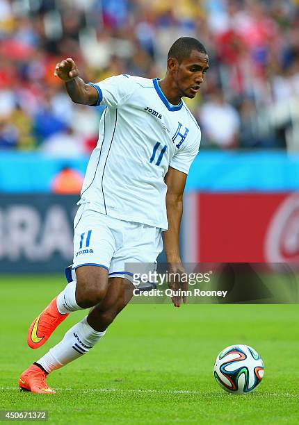 Jerry Bengtson of Honduras controls the ball during the 2014 FIFA World Cup Brazil Group E match between France and Honduras at Estadio Beira-Rio on...