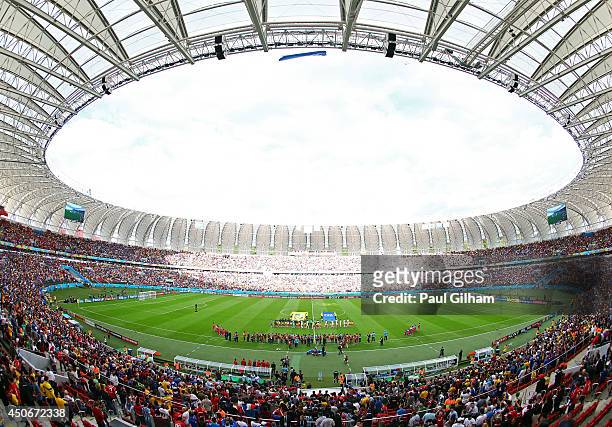 General view as the teams line up prior to the 2014 FIFA World Cup Brazil Group E match between France and Honduras at Estadio Beira-Rio on June 15,...