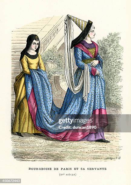 lady of paris and her maid - northern european descent stock illustrations