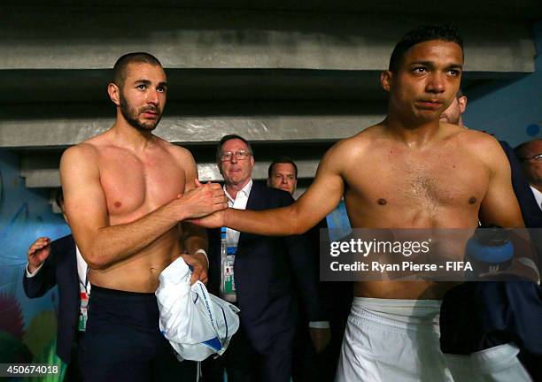 Karim Benzema of France is congratulated by Emilio Izaguirre of Honduras after the 2014 FIFA World Cup Brazil Group E match between France and...