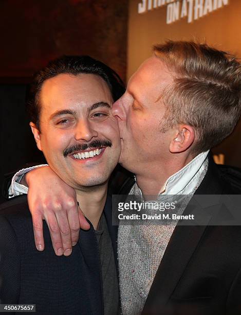 Jack Huston and Laurence Fox attends an after party following the press night performance of "Strangers On A Train" at the Cafe de Paris on November...