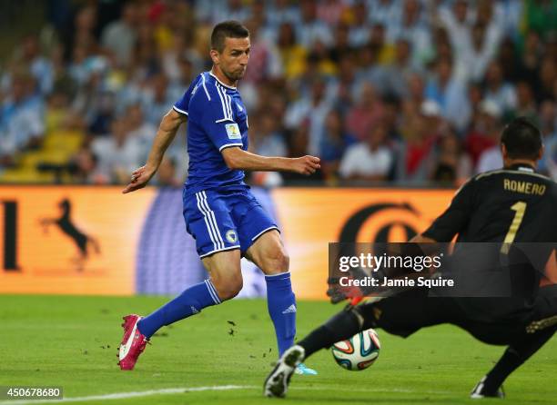 Vedad Ibisevic of Bosnia and Herzegovina shoots and scores his team's first goal past Sergio Romero of Argentina during the 2014 FIFA World Cup...