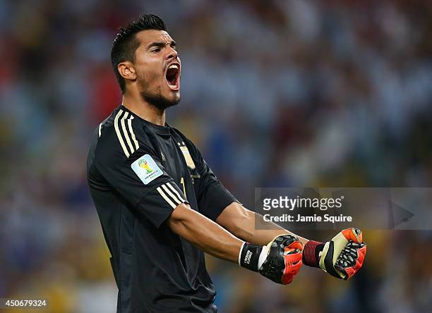 Sergio Romero of Argentina celebrates after defeating Bosnia and Herzegovina 2-1 during the 2014 FIFA World Cup Brazil Group F match between...