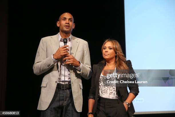 All-Star Grant Hill and singer Tamia speak at the debut of Social Media Mania's national program at Beverly Hills High School on November 19, 2013 in...