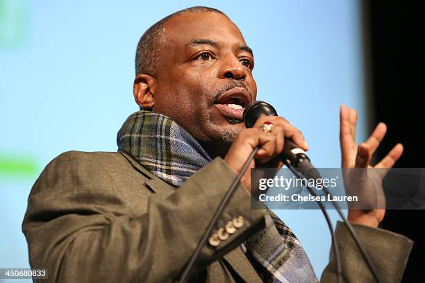 Actor LeVar Burton speaks at the debut of Social Media Mania's national program at Beverly Hills High School on November 19, 2013 in Beverly Hills,...