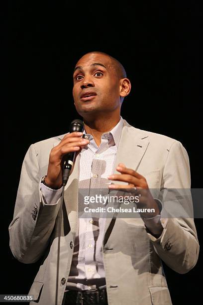 All-Star Grant Hill speaks at the debut of Social Media Mania's national program at Beverly Hills High School on November 19, 2013 in Beverly Hills,...