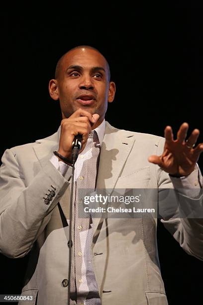 All-Star Grant Hill speaks at the debut of Social Media Mania's national program at Beverly Hills High School on November 19, 2013 in Beverly Hills,...