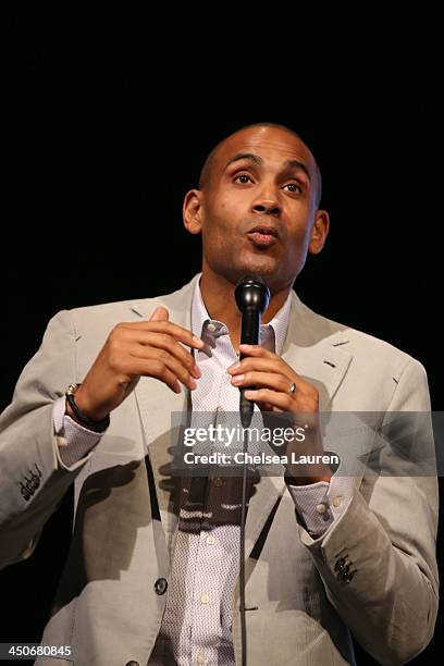 All-Star Grant Hill speaks at the debut of Social Media Mania's national program at Beverly Hills High School on November 19, 2013 in Beverly Hills,...