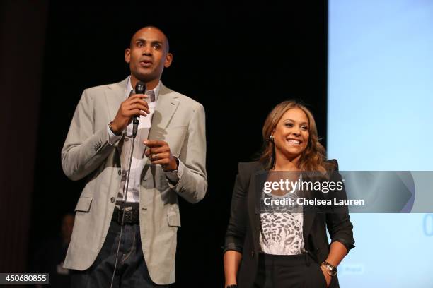 All-Star Grant Hill and singer Tamia speak at the debut of Social Media Mania's national program at Beverly Hills High School on November 19, 2013 in...