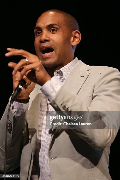 All-Star Grant Hill speaks at the debut of Social Media Mania's national program at Beverly Hills High School on November 19, 2013 in Beverly Hills,...