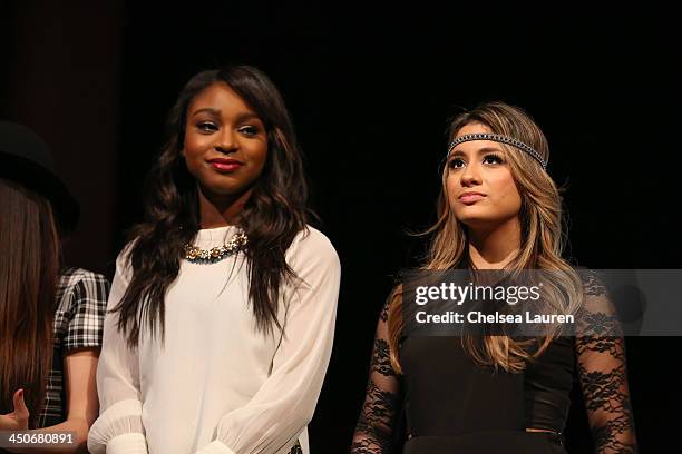 Singers Normani Hamilton and Allyson Hernandez of Fifth Harmony speak at the debut of Social Media Mania's national program at Beverly Hills High...