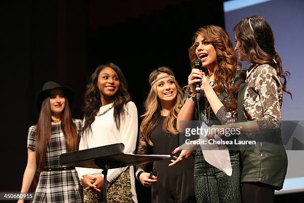 Singers Lauren Jauregui, Normani Hamilton, Allyson Hernandez, Dinah Hansen and Camila Cabello of Fifth Harmony speak at the debut of Social Media...