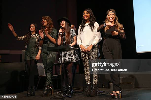 Singers Camila Cabello, Dinah Hansen, Lauren Jauregui, Normani Hamilton and Allyson Hernandez of Fifth Harmony speak at the debut of Social Media...