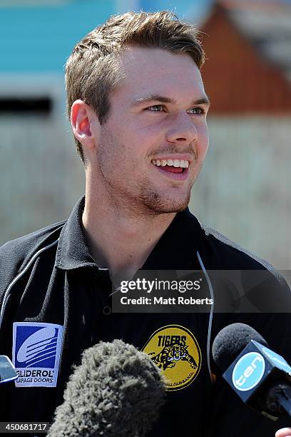 Matt Scharenberg speaks to the media ahead of the 2013 AFL Draft at Dreamworld on November 20, 2013 on the Gold Coast, Australia.