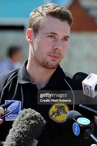 Matt Scharenberg speaks to the media ahead of the 2013 AFL Draft at Dreamworld on November 20, 2013 on the Gold Coast, Australia.