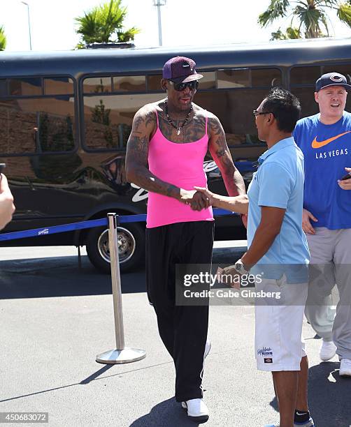 Former NBA player Dennis Rodman arrives at Sapphire Pool & Day Club on June 15, 2014 in Las Vegas, Nevada.